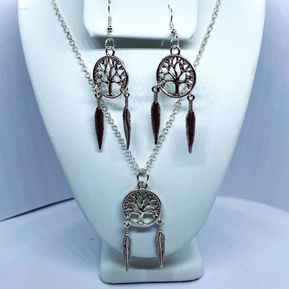 Silver-Tone Tree of Life Feather Necklace Earring